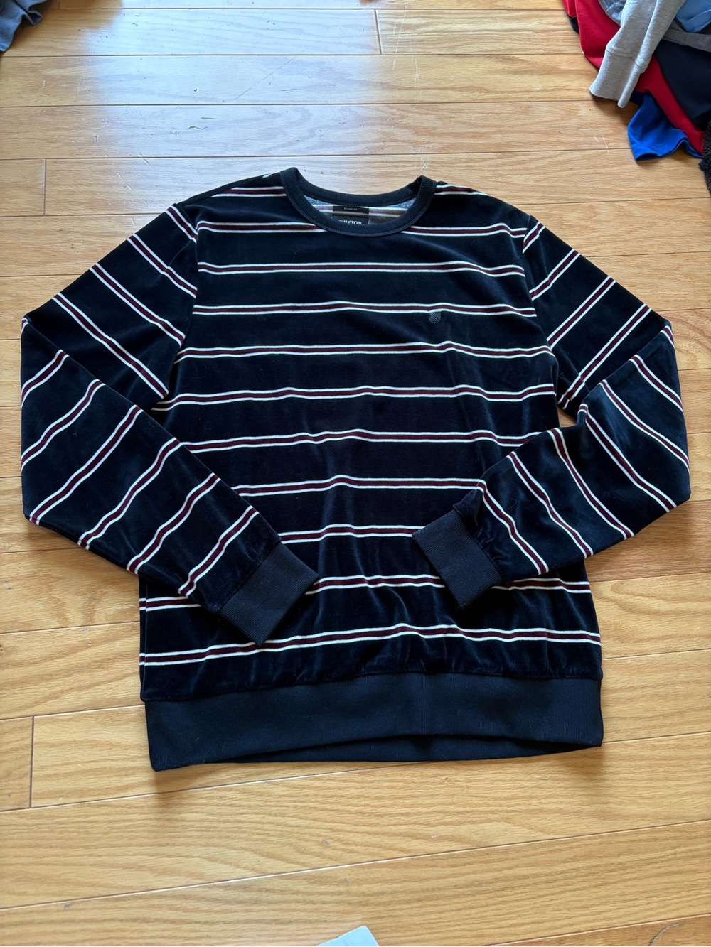 Brixton Black Crewneck Sweater with White and Red Stripes